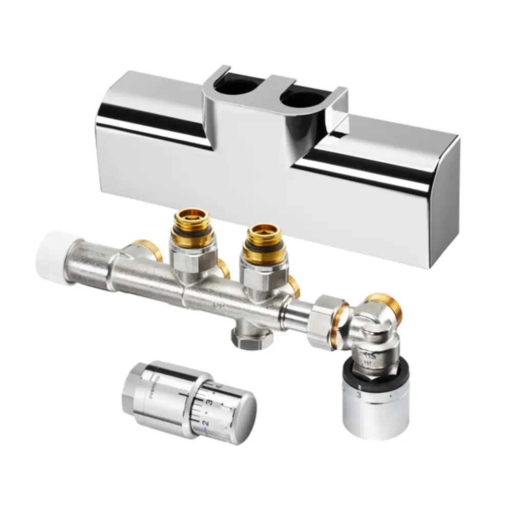Oventrop Multiblock Set mit chromfarbener Abdeckung, Thermostat und Anschlussarmatur für Heizkörperanschluss, bestehend aus mehreren Komponenten in einem kompakten Design.